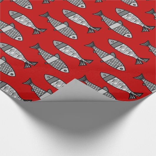 Retro Modern Fish, Deep Red en Grey / Grey Cadeaupapier (Hoek)