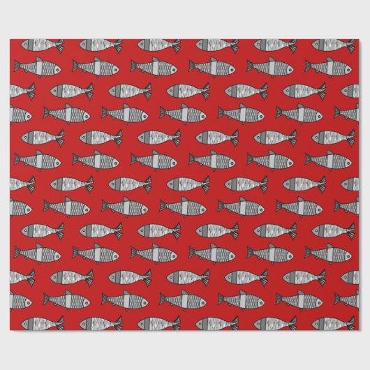 Retro Modern Fish, Deep Red en Grey / Grey Cadeaupapier (Vlak)
