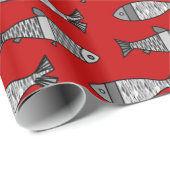 Retro Modern Fish, Deep Red en Grey / Grey Cadeaupapier (Rol Hoek)