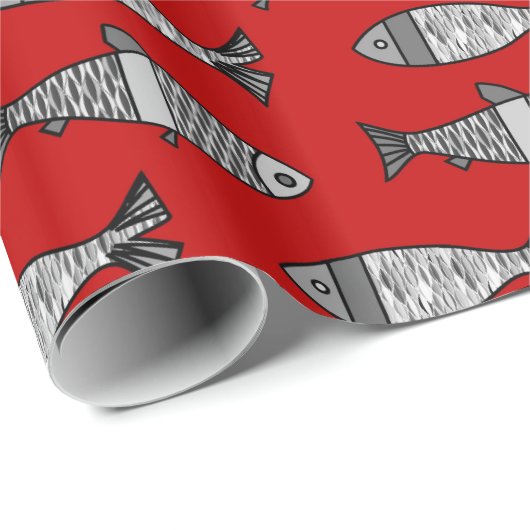 Retro Modern Fish, Deep Red en Grey / Grey Cadeaupapier (Rol Hoek)