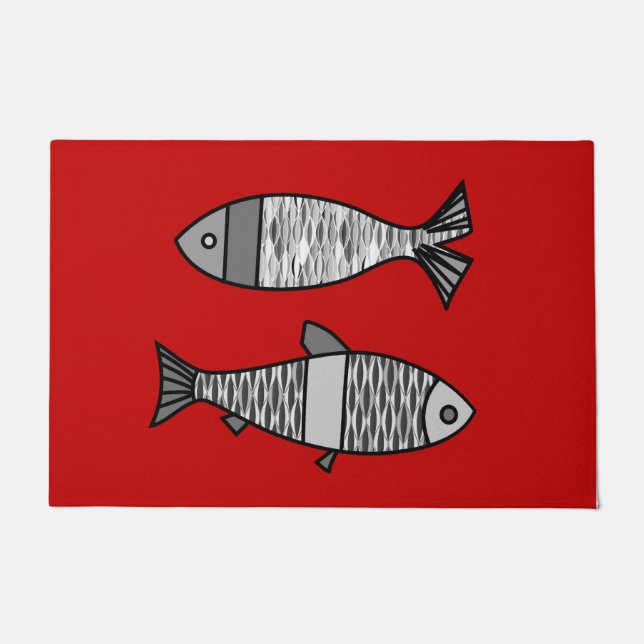 Retro Modern Fish, Deep Red en Grey / Grey Deurmat (Voorkant)