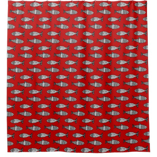 Retro Modern Fish, Deep Red en Grey / Grey Douchegordijn (Voorkant)