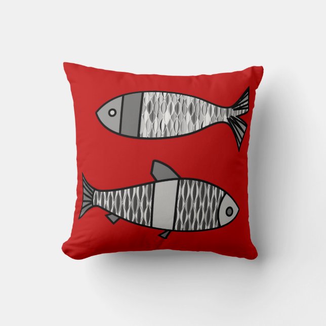 Retro Modern Fish, Deep Red en Grey / Grey Kussen (Voorkant)