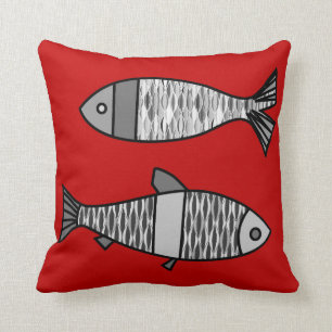 Retro Modern Fish, Deep Red en Grey / Grey Kussen