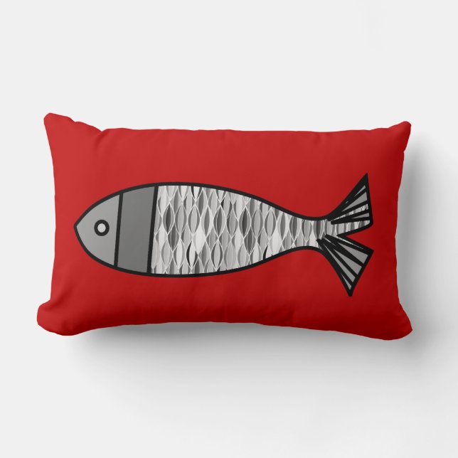 Retro Modern Fish, Deep Red en Grey / Grey Kussen (Voorkant)