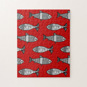 Retro Modern Fish, Deep Red en Grey / Grey Legpuzzel