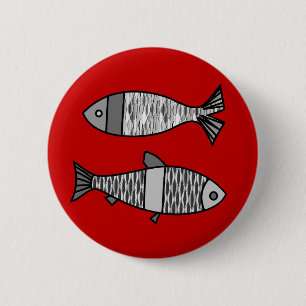 Retro Modern Fish, Deep Red en Grey / Grey Ronde Button 5,7 Cm