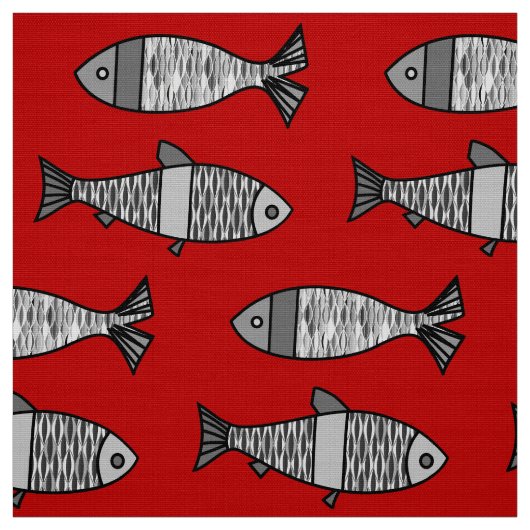 Retro Modern Fish, Deep Red en Grey / Grey Stof (Swatch)