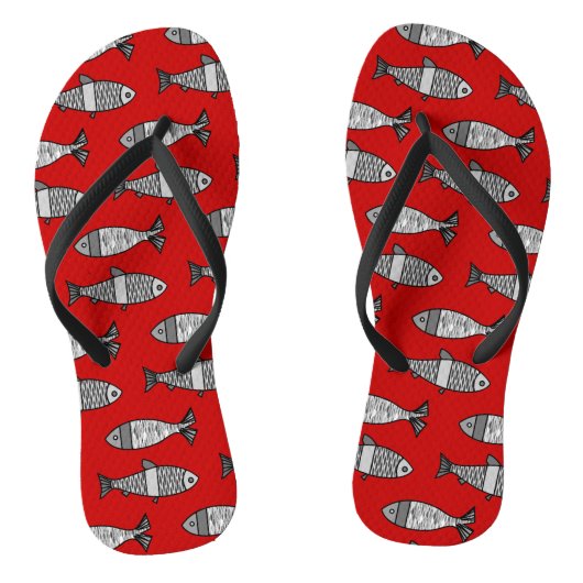 Retro Modern Fish, Deep Red en Grey / Grey Teenslippers (Voetbed)