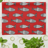 Retro Modern Fish, Deep Red en Grey / Grey Theedoek (Gevouwen)
