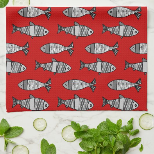 Retro Modern Fish, Deep Red en Grey / Grey Theedoek (Gevouwen)