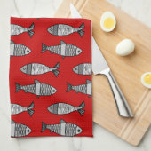 Retro Modern Fish, Deep Red en Grey / Grey Theedoek (Quarter Fold)