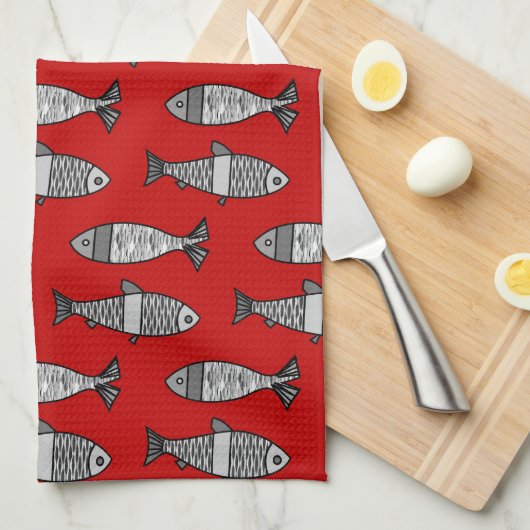Retro Modern Fish, Deep Red en Grey / Grey Theedoek (Quarter Fold)