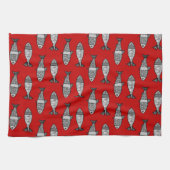 Retro Modern Fish, Deep Red en Grey / Grey Theedoek (Horizontaal)