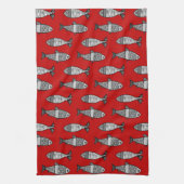 Retro Modern Fish, Deep Red en Grey / Grey Theedoek (Verticaal)