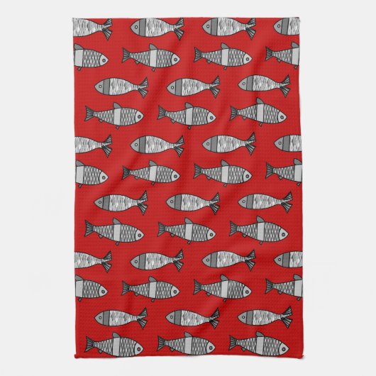 Retro Modern Fish, Deep Red en Grey / Grey Theedoek (Verticaal)