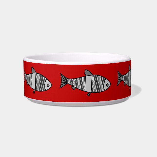 Retro Modern Fish, Deep Red en Grey / Grey Voerbakje (Links)