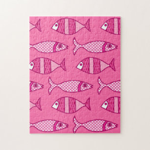 Retro Modern Fish, Fuchsia and Light Pink Legpuzzel