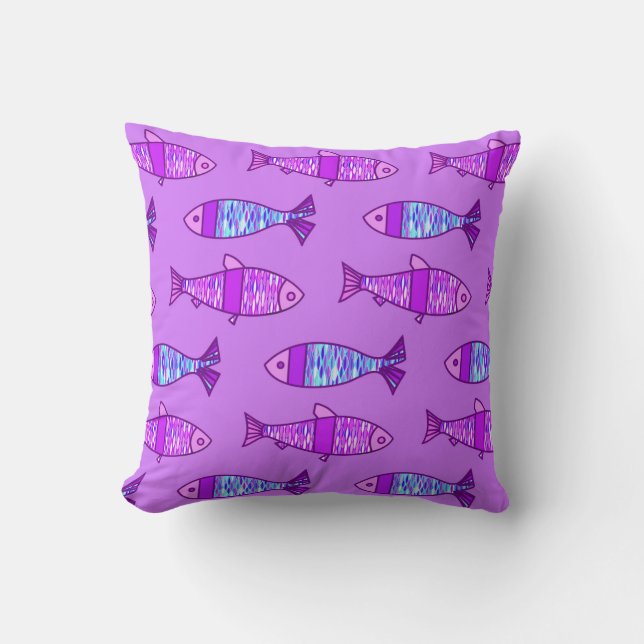 Retro Modern Fish Print, Amethyst Paars Kussen (Voorkant)