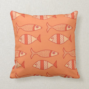 Retro Modern Fish Print, Coral Oranje en Tangerine Kussen