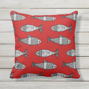 Retro Modern Fish Print, Rood en Grijs / Grijs Buitenkussen