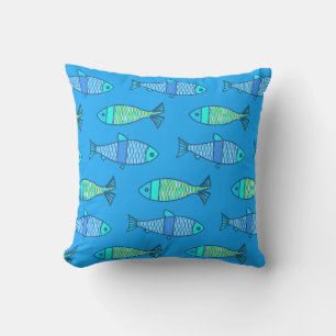 Retro Modern Fish Print, Turquoise en Blue Buitenkussen