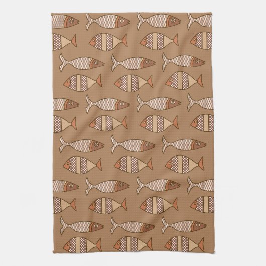 Retro Modern Fish, Tan, Beige en Light Brown Theedoek (Verticaal)