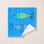 Retro Modern Fish, Turquoise en Cerulean Blue Bad Handdoek (Wasdoekje)