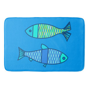Retro Modern Fish, Turquoise en Cerulean Blue Badmat