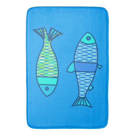 Retro Modern Fish, Turquoise en Cerulean Blue Badmat (Voorkant Verticaal)