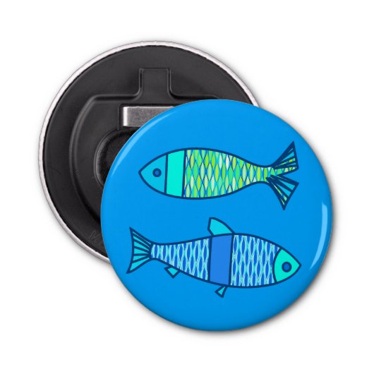Retro Modern Fish, Turquoise en Cerulean Blue Button Flesopener (Voorkant)