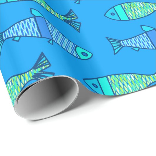Retro Modern Fish, Turquoise en Cerulean Blue Cadeaupapier (Rol Hoek)