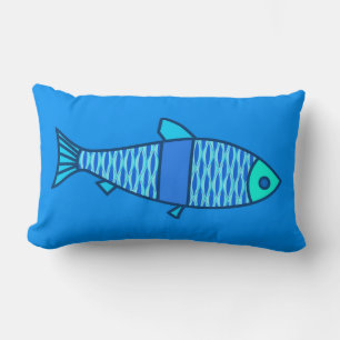 Retro Modern Fish, Turquoise en Cerulean Blue Kussen