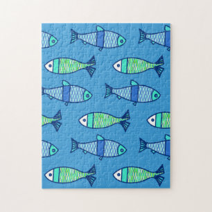 Retro Modern Fish, Turquoise en Cerulean Blue Legpuzzel