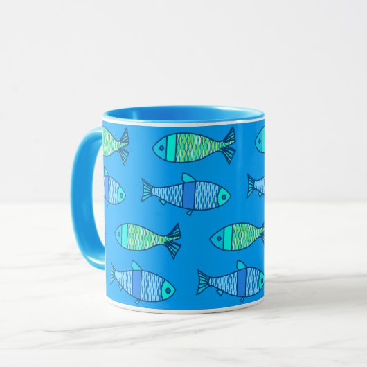 Retro Modern Fish, Turquoise en Cerulean Blue Mok (Voorkant links)
