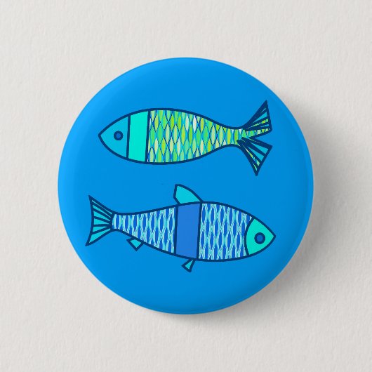 Retro Modern Fish, Turquoise en Cerulean Blue Ronde Button 5,7 Cm (Voorkant)