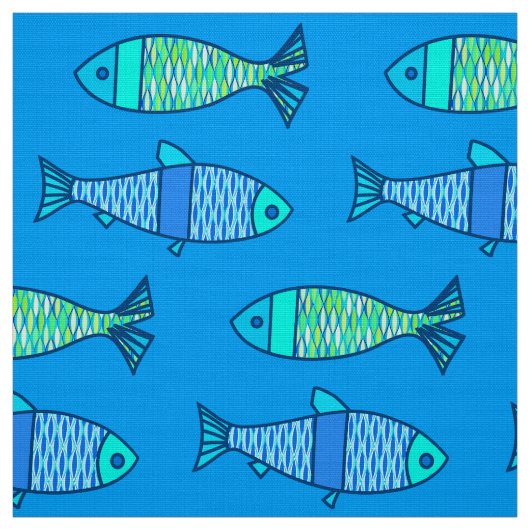 Retro Modern Fish, Turquoise en Cerulean Blue Stof (Swatch)