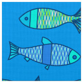 Retro Modern Fish, Turquoise en Cerulean Blue Stof (Close Up)