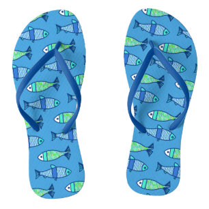 Retro Modern Fish, Turquoise en Cerulean Blue Teenslippers