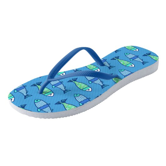 Retro Modern Fish, Turquoise en Cerulean Blue Teenslippers (Schuin)