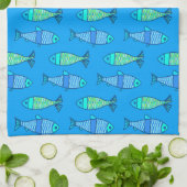 Retro Modern Fish, Turquoise en Cerulean Blue Theedoek (Gevouwen)