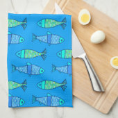 Retro Modern Fish, Turquoise en Cerulean Blue Theedoek (Quarter Fold)