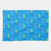 Retro Modern Fish, Turquoise en Cerulean Blue Theedoek (Horizontaal)