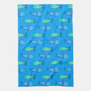 Retro Modern Fish, Turquoise en Cerulean Blue Theedoek