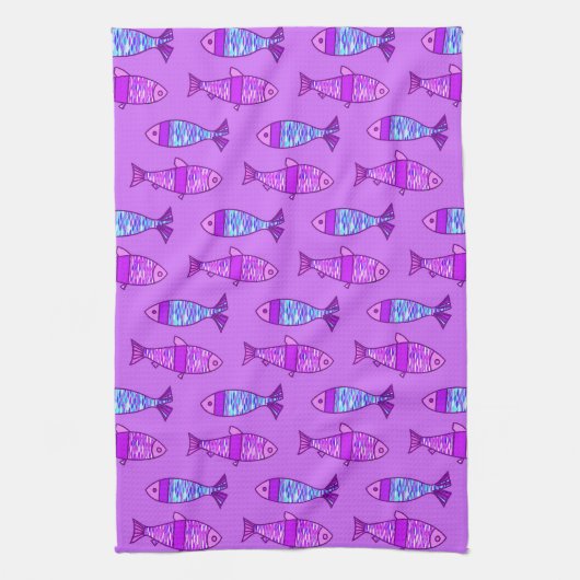 Retro Modern Fish, Violet en Amethyst Paars Theedoek (Verticaal)