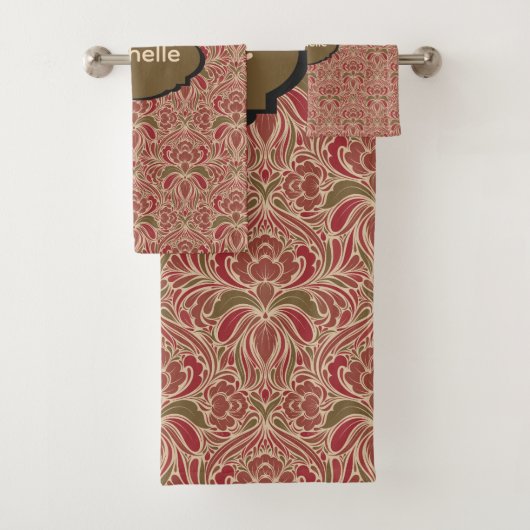 Retro Modern Floral in Red and Green Bad Handdoek (Insitu)