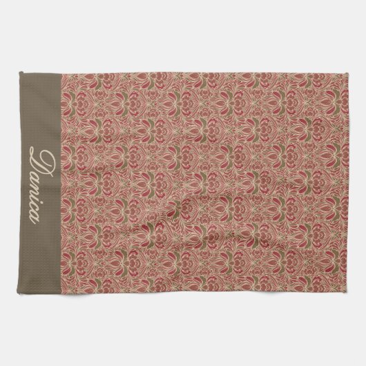 Retro Modern Floral in rood en groen Theedoek (Horizontaal)