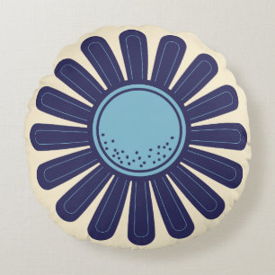 Retro Modern Geometric Daisy Flower Blue en Cream Rond Kussen