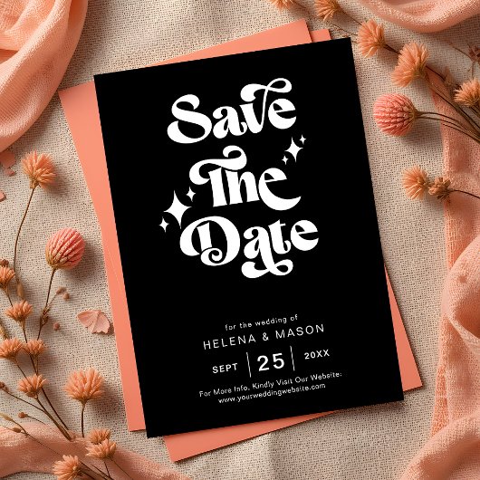 Retro Modern Groovy Bold White Script Wedding Save The Date