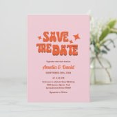 Retro Modern Groovy Roze, oranje huwelijksuitnodig Kaart (Staand voorkant)